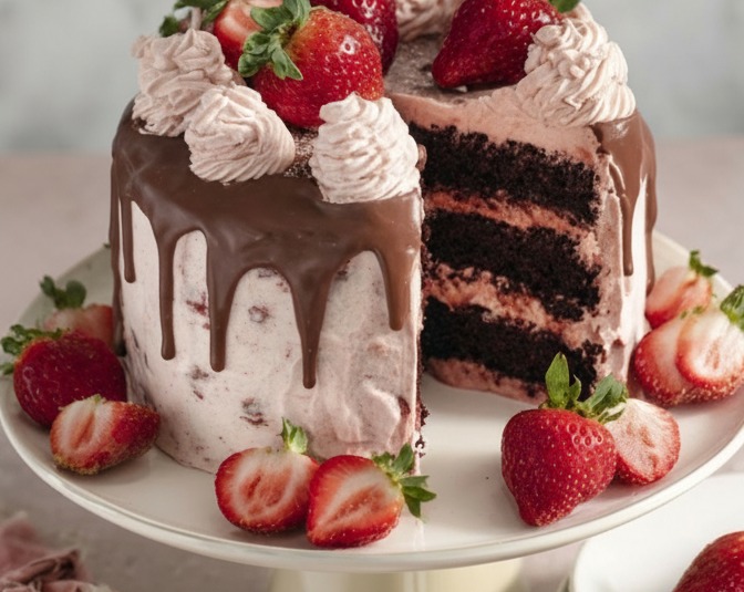 Delicious Easy Strawberry Chocolate Layer Cake Recipe serving