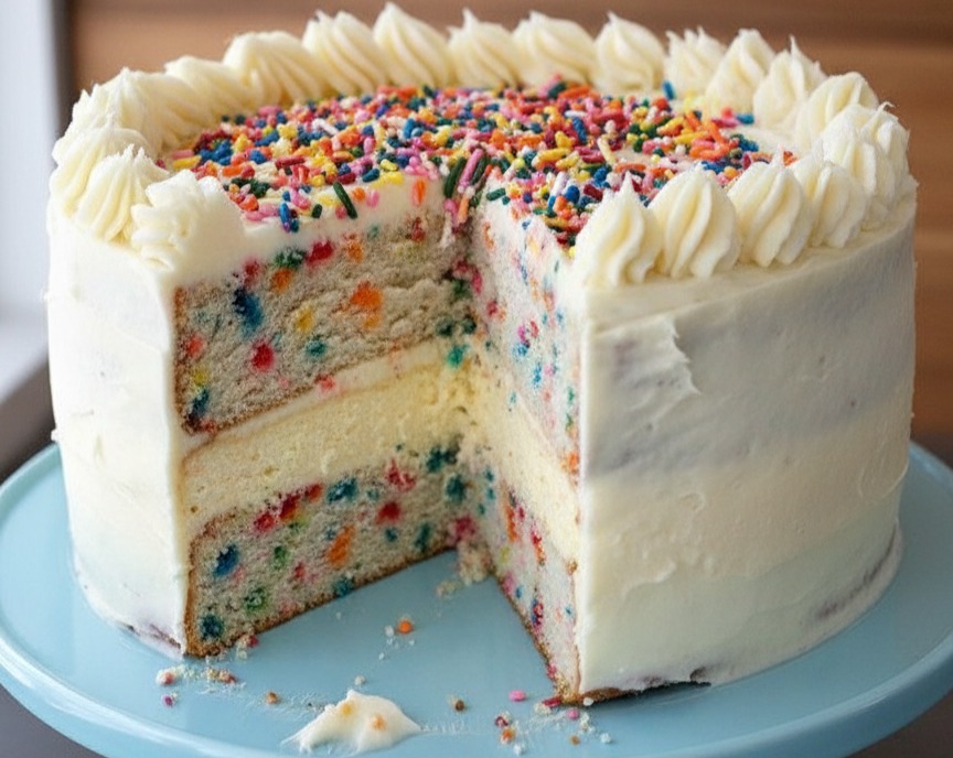 Easy Funfetti Four Layer Cake Best Birthday Ever serving