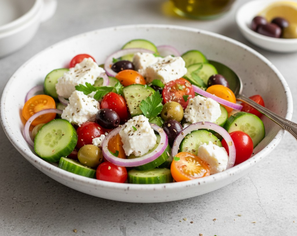 Easy Mediterranean Cucumber Tomato Salad with Fresh Herbs serving
