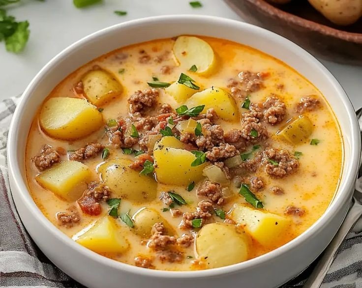 Delicious Grandma's Creamy Cheeseburger Potato and Ground Beef Soup overview