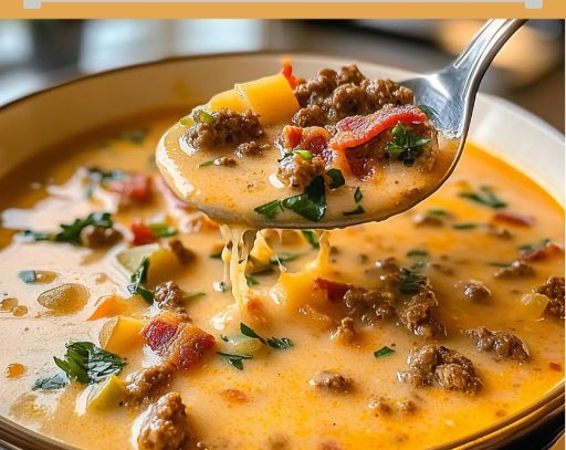 Delicious Grandma's Creamy Cheeseburger Potato and Ground Beef Soup serving