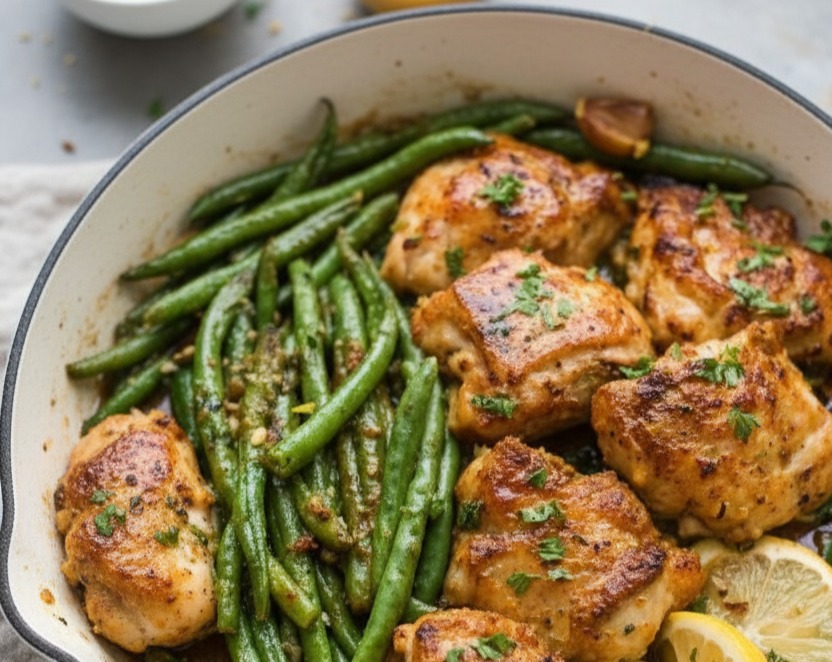 Easy Lemon Garlic Butter Chicken Thighs Green Beans Skillet serving