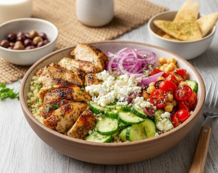 Healthy Mediterranean Chicken Bowl Simple High Protein Summer Dinner Dish serving