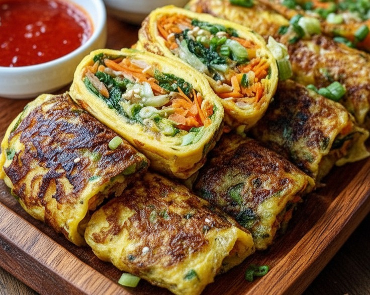 Easy Gyeran Mari Colorful Korean Rolled Omelette with Vegetables serving